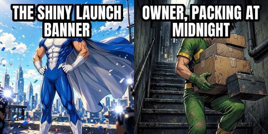 Hero Gets the Credit meme: The shiny launch banner / Owner, packing at midnight
