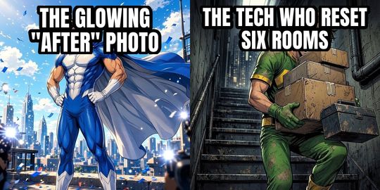 Hero Gets the Credit meme: The glowing "after" photo / The tech who reset six rooms
