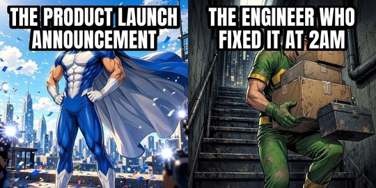 Hero Gets the Credit meme: The product launch announcement / The engineer who fixed it at 2am