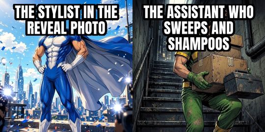 Hero Gets the Credit meme: The stylist in the reveal photo / The assistant who sweeps and shampoos