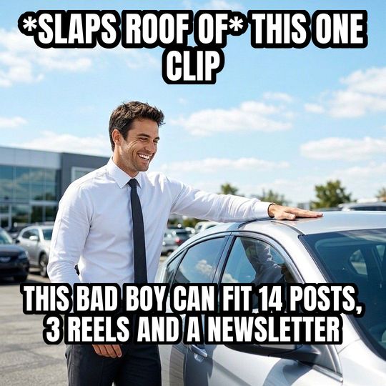 Car Salesman Slaps Roof meme: *slaps roof of* this one clip / This bad boy can fit 14 posts, 3 reels and a newsletter
