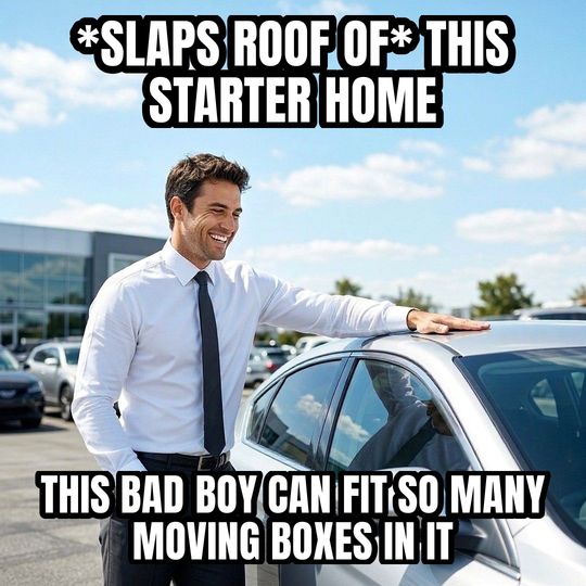 Car Salesman Slaps Roof meme: *slaps roof of* this starter home / This bad boy can fit so many moving boxes in it