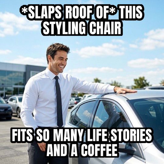 Car Salesman Slaps Roof meme: *slaps roof of* this styling chair / Fits so many life stories and a coffee