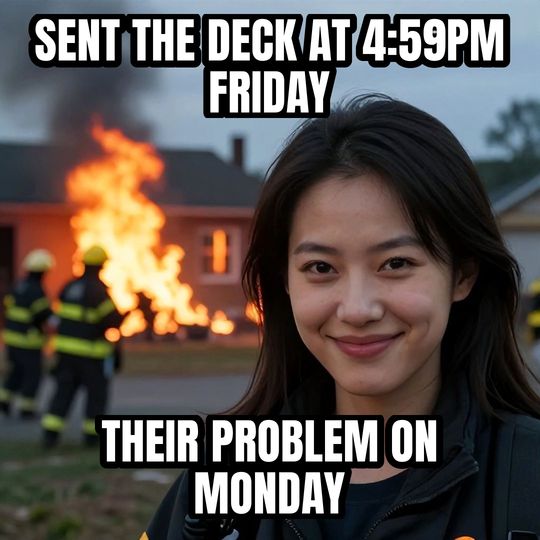 Disaster Girl meme: Sent the deck at 4:59pm Friday / Their problem on Monday