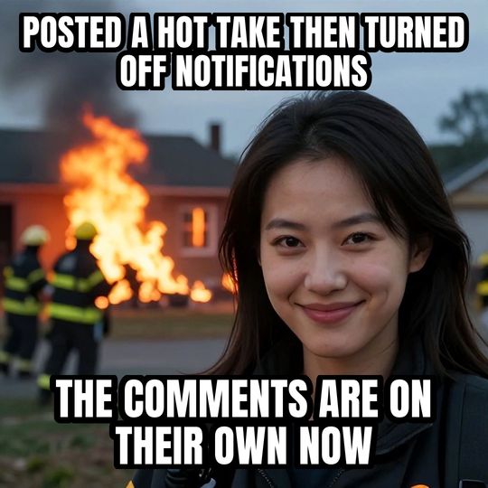 Disaster Girl meme: Posted a hot take then turned off notifications / The comments are on their own now