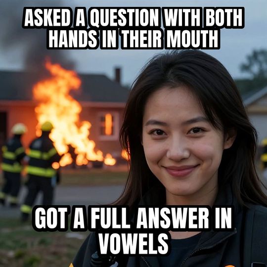 Disaster Girl meme: Asked a question with both hands in their mouth / Got a full answer in vowels
