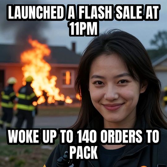 Disaster Girl meme: Launched a flash sale at 11pm / Woke up to 140 orders to pack