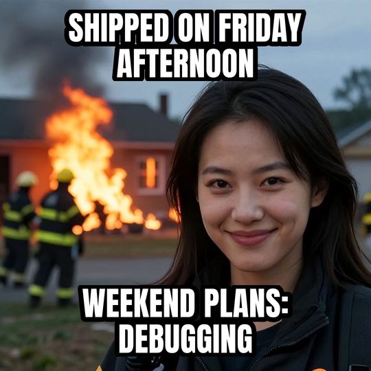 Disaster Girl meme: Shipped on Friday afternoon / Weekend plans: debugging
