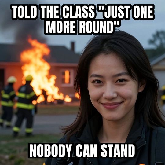Disaster Girl meme: Told the class "just one more round" / Nobody can stand