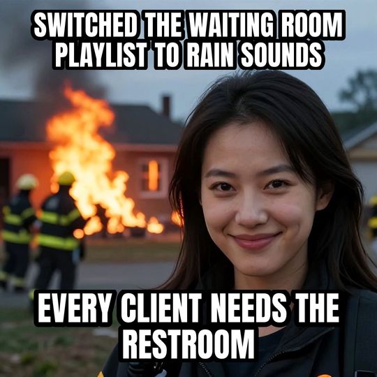 Disaster Girl meme: Switched the waiting room playlist to rain sounds / Every client needs the restroom
