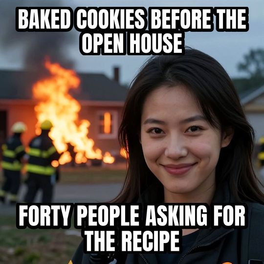 Disaster Girl meme: Baked cookies before the open house / Forty people asking for the recipe