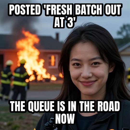 Disaster Girl meme: Posted 'fresh batch out at 3' / The queue is in the road now