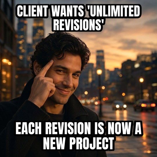 Roll Safe meme: Client wants 'unlimited revisions' / Each revision is now a new project
