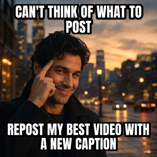 Roll Safe meme: Can't think of what to post / Repost my best video with a new caption