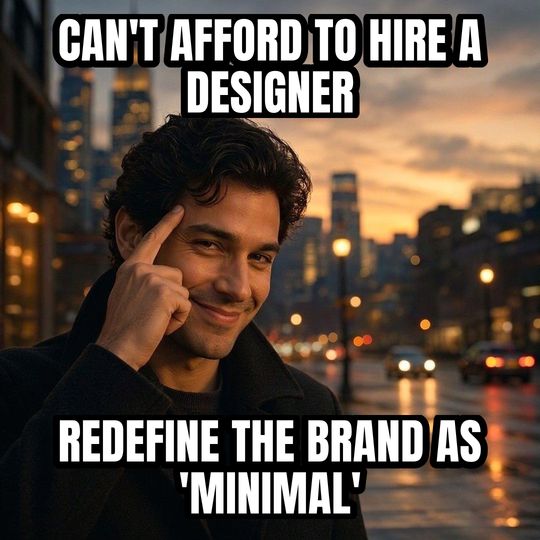 Roll Safe meme: Can't afford to hire a designer / Redefine the brand as 'minimal'