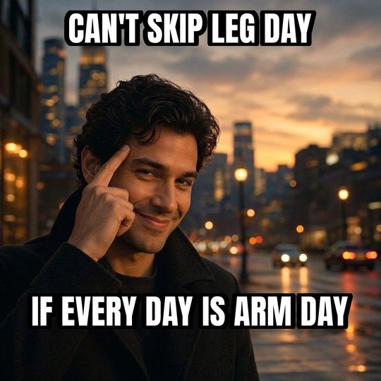 Roll Safe meme: Can't skip leg day / If every day is arm day