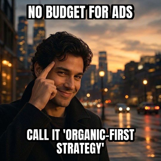 Roll Safe meme: No budget for ads / Call it 'organic-first strategy'