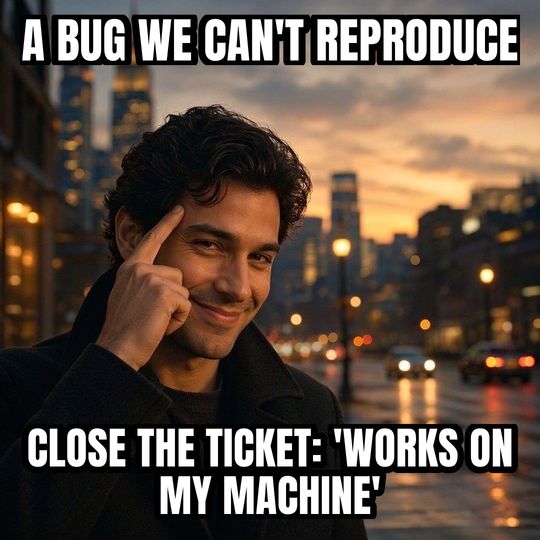 Roll Safe meme: A bug we can't reproduce / Close the ticket: 'works on my machine'