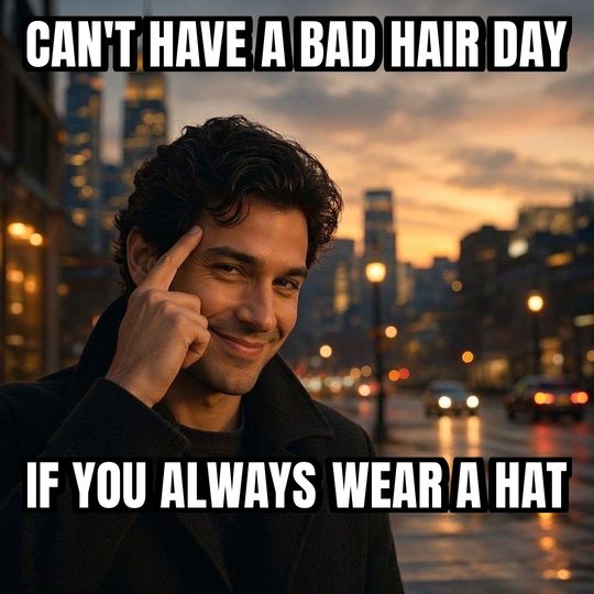 Roll Safe meme: Can't have a bad hair day / If you always wear a hat
