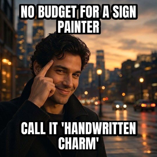 Roll Safe meme: No budget for a sign painter / Call it 'handwritten charm'