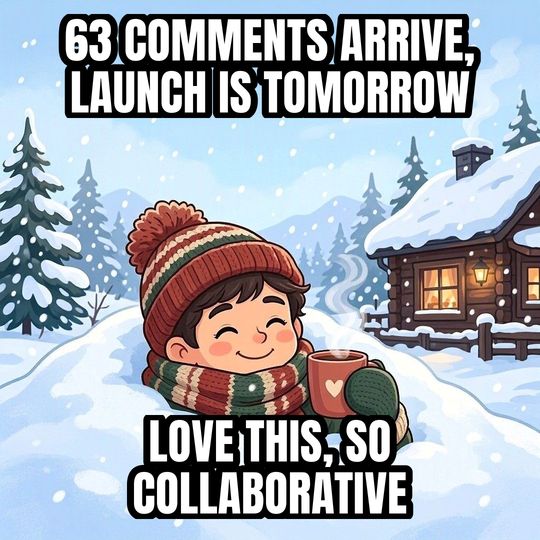 Buried in Snow meme: 63 comments arrive, launch is tomorrow / Love this, so collaborative