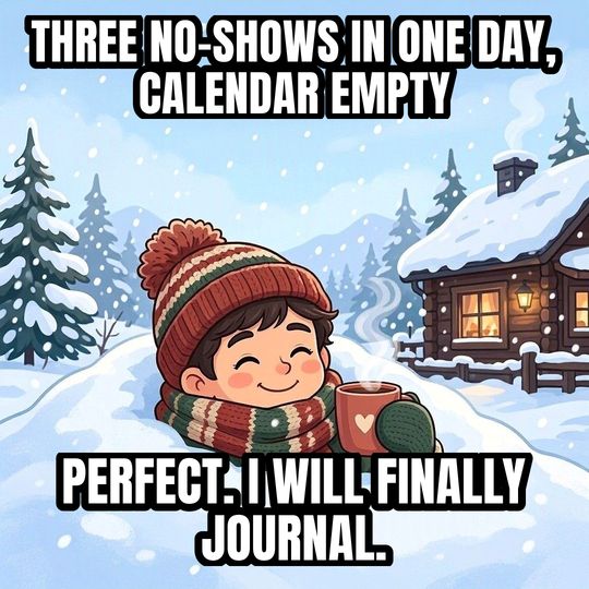 Buried in Snow meme: Three no-shows in one day, calendar empty / Perfect. I will finally journal.
