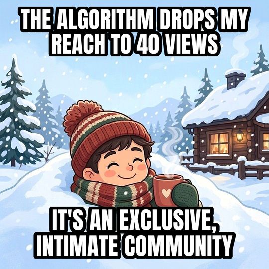 Buried in Snow meme: The algorithm drops my reach to 40 views / It's an exclusive, intimate community