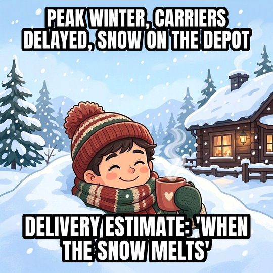 Buried in Snow meme: Peak winter, carriers delayed, snow on the depot / Delivery estimate: 'when the snow melts'