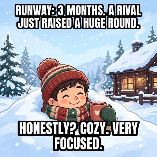 Buried in Snow meme: Runway: 3 months. A rival just raised a huge round. / Honestly? Cozy. Very focused.