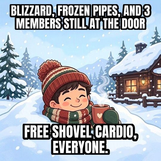 Buried in Snow meme: Blizzard, frozen pipes, and 3 members still at the door / Free shovel cardio, everyone.