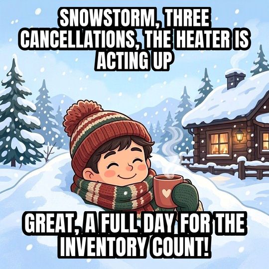 Buried in Snow meme: Snowstorm, three cancellations, the heater is acting up / Great, a full day for the inventory count!