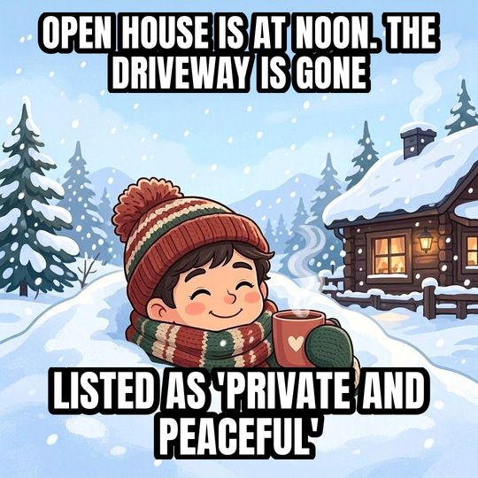 Buried in Snow meme: Open house is at noon. The driveway is gone / Listed as 'private and peaceful'