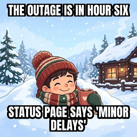 Buried in Snow meme: The outage is in hour six / Status page says 'minor delays'