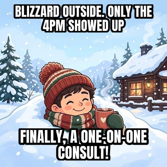 Buried in Snow meme: Blizzard outside. Only the 4pm showed up / Finally, a one-on-one consult!