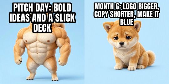 Buff Doge vs Cheems meme: Pitch day: bold ideas and a slick deck / Month 6: logo bigger, copy shorter, make it blue