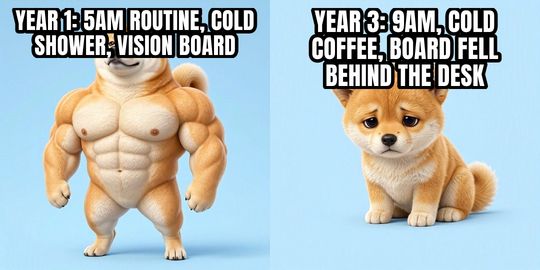 Buff Doge vs Cheems meme: Year 1: 5am routine, cold shower, vision board / Year 3: 9am, cold coffee, board fell behind the desk