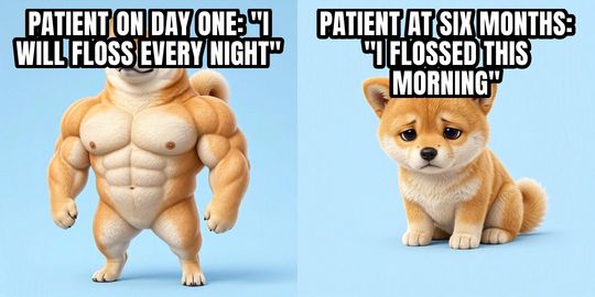 Buff Doge vs Cheems meme: Patient on day one: "I will floss every night" / Patient at six months: "I flossed this morning"