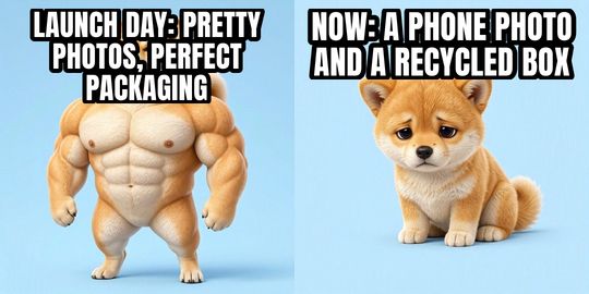 Buff Doge vs Cheems meme: Launch day: pretty photos, perfect packaging / Now: a phone photo and a recycled box