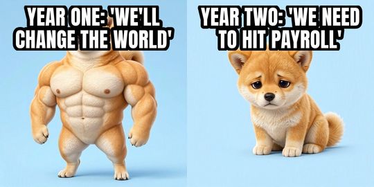 Buff Doge vs Cheems meme: Year one: 'We'll change the world' / Year two: 'We need to hit payroll'