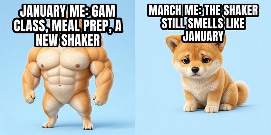 Buff Doge vs Cheems meme: January me: 6am class, meal prep, a new shaker / March me: the shaker still smells like January