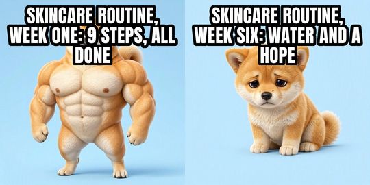 Buff Doge vs Cheems meme: Skincare routine, week one: 9 steps, all done / Skincare routine, week six: water and a hope