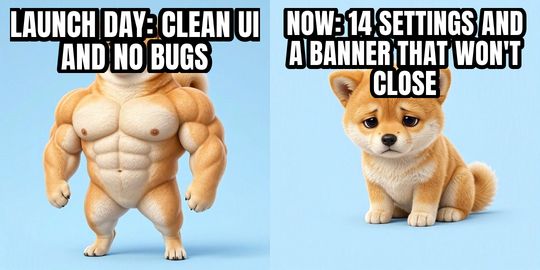 Buff Doge vs Cheems meme: Launch day: clean UI and no bugs / Now: 14 settings and a banner that won't close