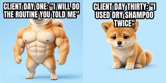 Buff Doge vs Cheems meme: Client day one: "I will do the routine you told me" / Client day thirty: "I used dry shampoo twice"