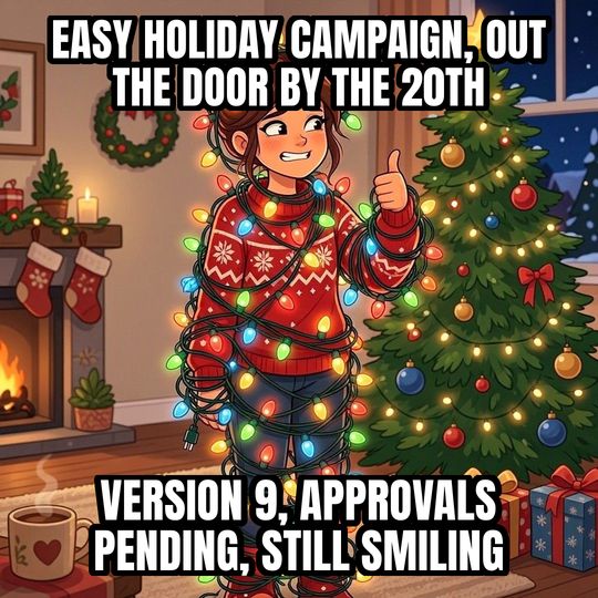 Tangled in Christmas Lights meme: Easy holiday campaign, out the door by the 20th / Version 9, approvals pending, still smiling
