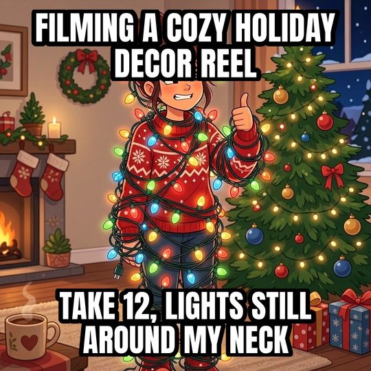 Tangled in Christmas Lights meme: Filming a cozy holiday decor reel / Take 12, lights still around my neck