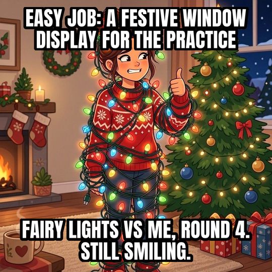 Tangled in Christmas Lights meme: Easy job: a festive window display for the practice / Fairy lights vs me, round 4. Still smiling.