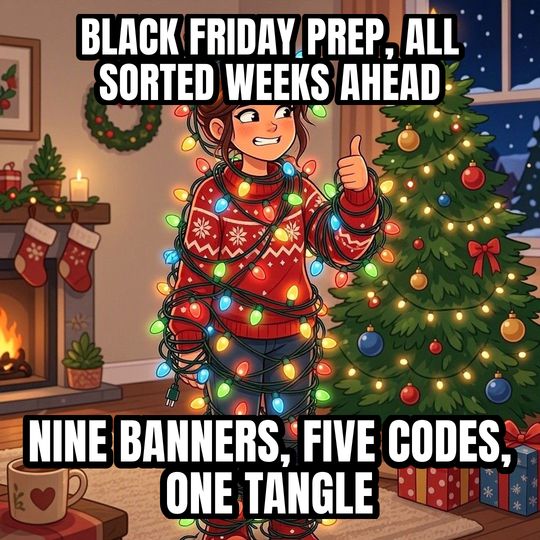 Tangled in Christmas Lights meme: Black Friday prep, all sorted weeks ahead / Nine banners, five codes, one tangle