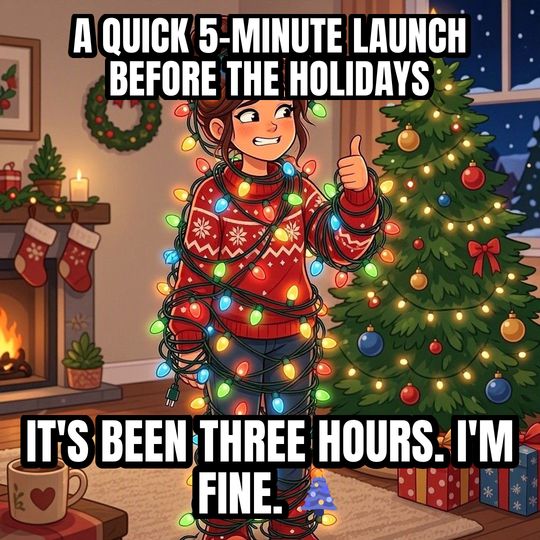 Tangled in Christmas Lights meme: A quick 5-minute launch before the holidays / It's been three hours. I'm fine. 🎄