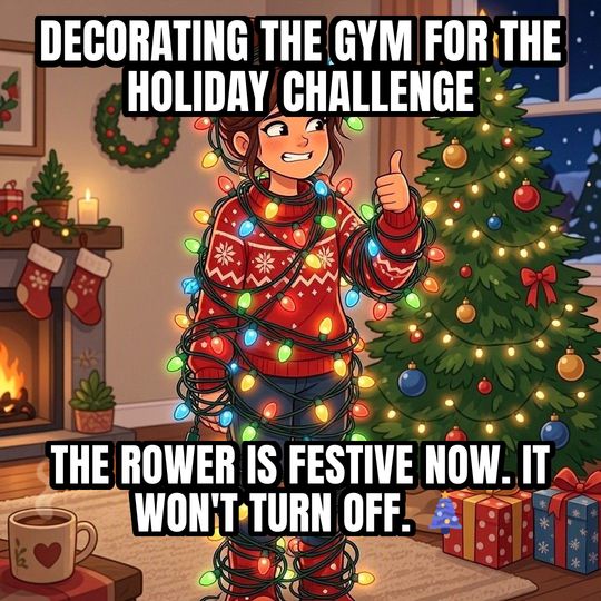 Tangled in Christmas Lights meme: Decorating the gym for the holiday challenge / The rower is festive now. It won't turn off. 🎄