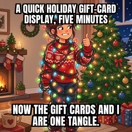 Tangled in Christmas Lights meme: A quick holiday gift-card display, five minutes / Now the gift cards and I are one tangle.
